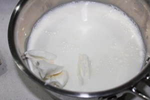 Mix milk, shortening, sugar and salt in a saucepan. Stir over medium heat until milk is scalded (180 F).