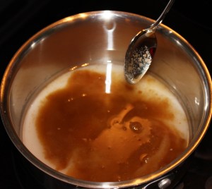 While the bread is baking, make the syrup - just sugar and water in a heavy saucepan. Stir until dissolved.