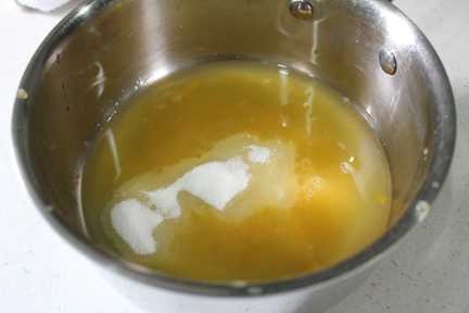 Add sugar to peach juice and cook over medium heat for about 15-20 minutes, or until juice is thickened like syrup. Stir occasionally.