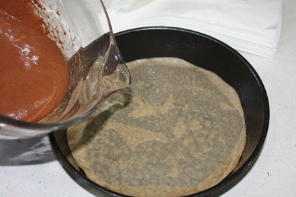 Pour into a pan that has been sprayed with non-stick spray and lined with a piece of parchment. If you have a springform pan, use it. If not, a round cake pan will do. Bake in a 325 degree oven for about 30 minutes or until just set.