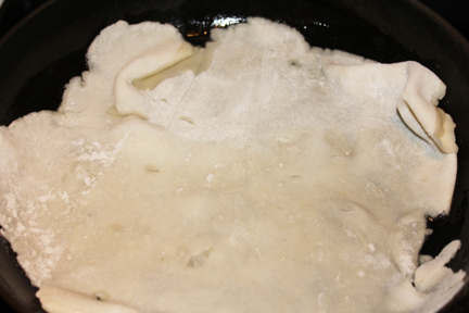 If you have a griddle, fantastic, if not, I used a cast iron skillet with some oil to fry the Lefse.