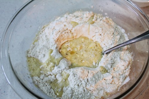 Then add the flour mixture. The dough will be really sticky - not like bread dough.