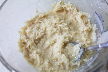 Mix your coconut filling using a little vanilla, coconut and sweetened condensed milk.