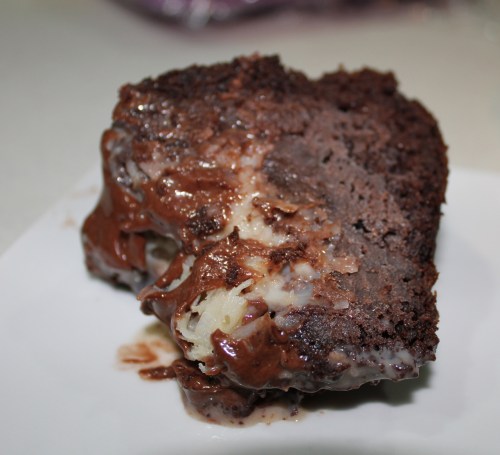 When cooked, cool, invert on a serving platter or cake plate, top with a drizzle of chocolate frosting and enjoy! (Or freeze for later delicious consumption.)