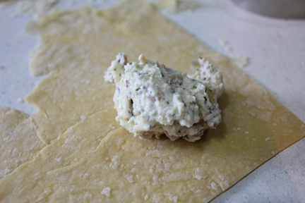 Drop a spoonful of filling on the dough then cover with another piece of dough.