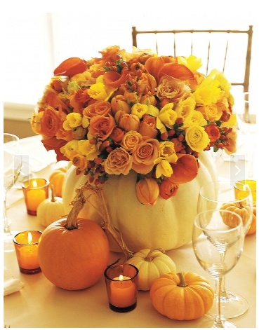 Gorgeous white pumpkin flower arrangement. I'd like one of these for my dining room table, please!