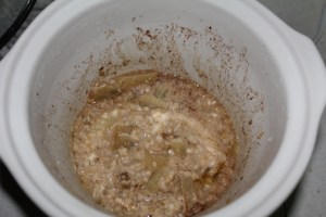 Grease the inside of your slow cooker with butter or shortening. Add ingredients and cook on low for eight hours (overnight). Captain Cavedweller got to the oatmeal before I could take photos this morning, which is why the pot is half-empty.