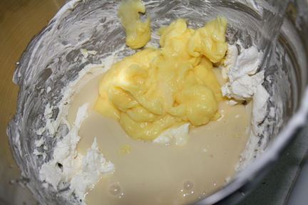 Then mix in sweetened condensed milk and pudding.