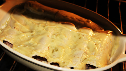 Cover with cream of celery soup. Bake in a 350 degree oven for about 20-25 minutes, until soup is bubbling and edges are brown.