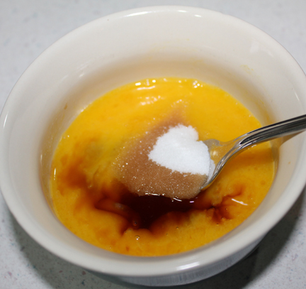 Beat in egg, then add sugar and vanilla. Mix well.