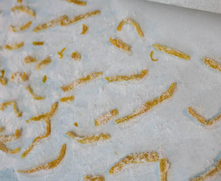 You'll have a bunch of sugary squiggles of lemony goodness when you're done. Place in a Ziploc bag or airtight container until you are ready to serve.