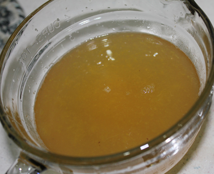 Pour juice into a pitcher or bowl, straining out peaches. I ran mine through a colander and made sure I got every last bit of juice out of the peaches. Cover and store in fridge until ready to make the drinks.