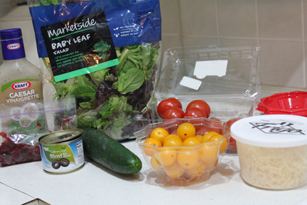 Ingredients - you can use whatever combo you want of lettuce, veggies and dressing. I tried to choose things with varied color.