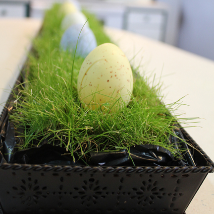 I love the contrast of the grass, the metal tray, and the soft colors of the eggs.