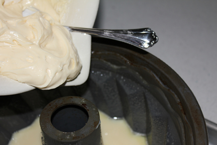 Top with the cake batter. Do NOT mix or stir.