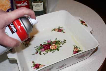 Start by giving your baking dish a good coating of non-stick spray.